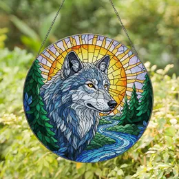 Majestic Gray Wolf Stained Glass Tiffany Art - Pine Trees River Setting Sun Jewel Tones Stained Glass Suncatcher