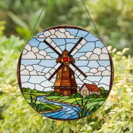 Dutch Windmill Stained Glass River House Countryside Art with Serene Sky & Clouds Stained Glass Suncatcher
