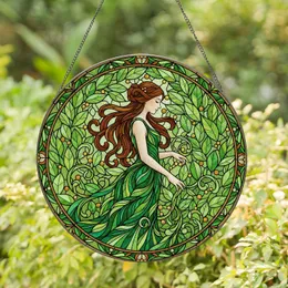 Stained Glass Woman Green Gown Leaves Vines Tiffany Style Botanical Art Stained Glass Suncatcher