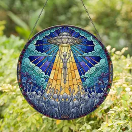 Vibrant UFO Alien Abduction Flying Saucer Celestial Floral Stained Glass Style Art Stained Glass Suncatcher