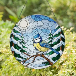 Blue Tit Bird Winter Snow Pine Tree Landscape Stained Glass Art - Jewel Tone Full Moon Stained Glass Suncatcher