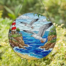 Seagull Tiffany Stained Glass Lighthouse Ocean Coastal Scene - Jewel Tone Art Decor Stained Glass Suncatcher