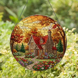 Tiffany Style Stained Glass Cottage, Radiant Sun, Jewel Tone Flowers & Autumn Trees Stained Glass Suncatcher