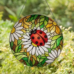 Red Ladybug White Daisy Dewdrop Stained Glass - Tiffany Style Nature Window Art Stained Glass Suncatcher