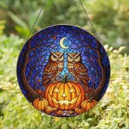 Stained Glass Owls Jack-o'-Lantern Crescent Moon Gnarled Trees - Autumn Halloween Decor Stained Glass Suncatcher