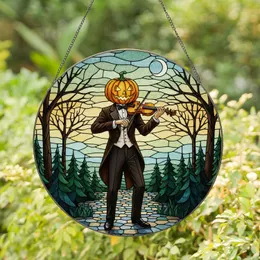 Pumpkin Head Violinist, Skeletal Trees & Crescent Moon - Gothic Autumn Stained Glass Stained Glass Suncatcher