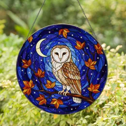 Stained Glass Barn Owl Night Sky Art - Tiffany Style Mosaic with Autumn Leaves & Crescent Moon Stained Glass Suncatcher