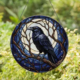 Black Raven Moon Stained Glass Night Sky - Gnarled Branch Detailed Bird Lover Decor Stained Glass Suncatcher