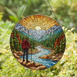 Tiffany Style Stained Glass Mountain Hiker - River Valley & Snow-Capped Peaks Gift Stained Glass Suncatcher