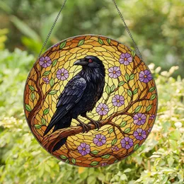 Black Raven Stained Glass Art with Red Eyes - Golden Amber Sky Tiffany Jewel Tones Stained Glass Suncatcher