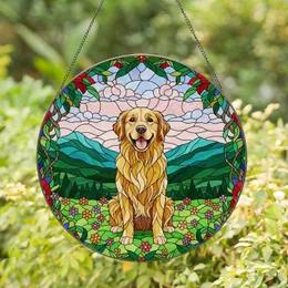 Golden Retriever Dog Colorful Stained Glass Art - Mountains Wildflowers Floral Wreath Stained Glass Suncatcher