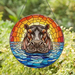 Majestic Hippopotamus Head Water Sunset Stained Glass Artwork with Tiffany Jewel Tones Stained Glass Suncatcher