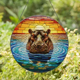 Majestic Hippopotamus Submerged Water Stained Glass Art - Sunset River Lake Gift Stained Glass Suncatcher