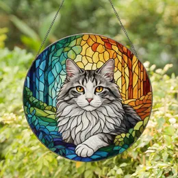 Fluffy Tabby Cat Stained Glass Mosaic Art - Intricate Amber Blue Green Jewel Tones Stained Glass Suncatcher