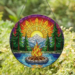 Campfire Pine Snow Mountain Lake Glowing Sunset - Stained Glass Style Nature Art Decor Stained Glass Suncatcher
