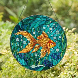Vibrant Goldfish Tiffany Glass Style Underwater Mosaic - Detailed Aquatic Plant Art Stained Glass Suncatcher