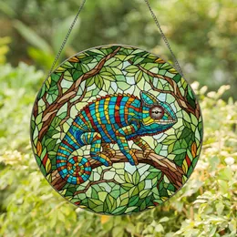 Chameleon Stained Glass Mosaic Art on Jungle Branch - Tiffany Style Window Decor Gift Stained Glass Suncatcher