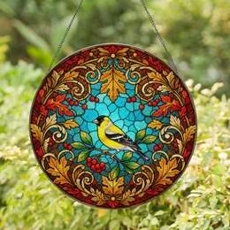 American Goldfinch Bird Tiffany Style Stained Glass Autumn Leaves Berries Teal Sky Stained Glass Suncatcher