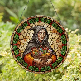 Old Witch Basket of Gifts & Autumn Pumpkins, Wreath - Tiffany Glass Style Decor Stained Glass Suncatcher