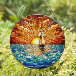 Sailboat Setting Sun Ocean Waves Layered Clouds Stained Glass Art - Tiffany Style Home Decor Stained Glass Suncatcher