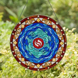 Aquamarine Fish Yin-Yang Stained Glass Mosaic - Colorful Jewel Tone Edge-to-Edge Design Stained Glass Suncatcher
