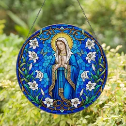 Virgin Mary Prayer Madonna Lilies Tiffany Style Stained Glass Mosaic Golden Halo Blue Stained Glass Suncatcher