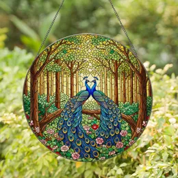 Two Peacocks Stained Glass Woodland Scene with Fanned Tails - Tiffany Style Forest Stained Glass Suncatcher