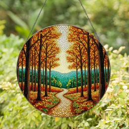 Tiffany Stained Glass Autumn Forest Path - Fall Leaves Mosaic Tree Art Window Decor Stained Glass Suncatcher