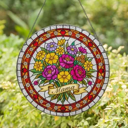 Detailed Mama Stained Glass Flower Bouquet Daisy Hearts Amber Red Border Gift for Mom Stained Glass Suncatcher