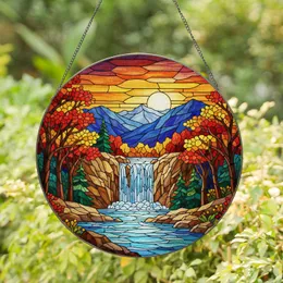 Stained Glass Waterfall River Rolling Mountains Autumn Trees Sunset Jewel Tones Stained Glass Suncatcher