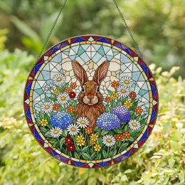 Brown Rabbit Abundant Spring Flowers Garden - Mosaic Stained Glass Jewel Tones Stained Glass Suncatcher
