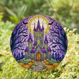 Gothic Haunted Castle Jack-O'-Lantern Full Moon Bats Stained Glass - Spooky Halloween Decor Stained Glass Suncatcher