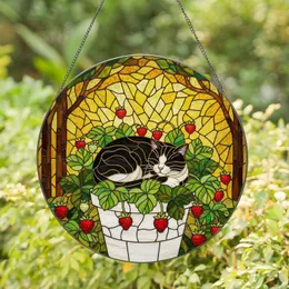 Tuxedo Cat Napping, Strawberry Garden Stained Glass Art, Tiffany Style Cat Lover Gift Stained Glass Suncatcher