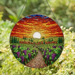 Stained Glass Vineyard Landscape Glowing Sun Sunset Sky Jewel Tone Grapes Tiffany Style Stained Glass Suncatcher