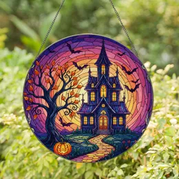 Haunted Mansion Jack-O-Lantern Autumn Tree Bats Twilight Halloween Window Decor Stained Glass Suncatcher