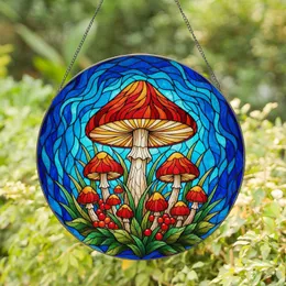 Mushroom Red Cap Intricate Tiffany Stained Glass Mosaic - Berries Foliage Blue Teal Sky Stained Glass Suncatcher