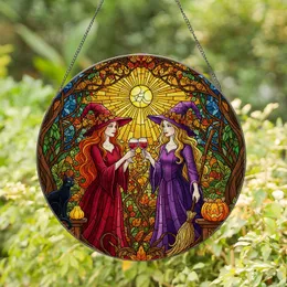 Two Witches Toasting Red Wine, Stained Glass Autumn Forest Black Cat Jack-O'-Lantern Stained Glass Suncatcher