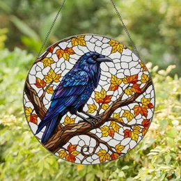 Stained Glass Raven Autumn Leaves Tiffany Style Art - Iridescent Blue Purple Feathers Stained Glass Suncatcher