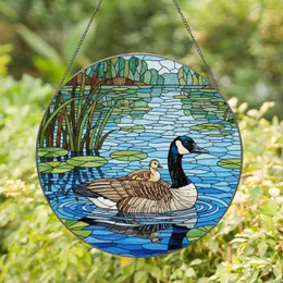 Canada Goose Gosling Stained Glass Pond Mosaic Artwork - Detailed Tiffany Scenery Gift Stained Glass Suncatcher