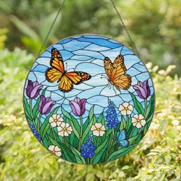 Monarch Butterfly in Flight Stained Glass Garden Flowers Sky Mosaic - Tiffany Jewel Tones Art Stained Glass Suncatcher