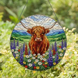 Highland Cow Wildflower Meadow - Green Hills Blue Mountains Intricate Stained Glass Mosaic Stained Glass Suncatcher
