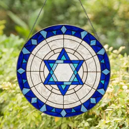 Jewish Star of David Tiffany Glass Art - Deep Blue Teal White Intricate Window Decor Stained Glass Suncatcher