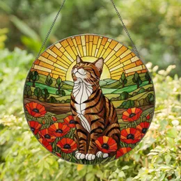 Blissful Brown Tabby Cat Poppy Stained Glass - Tiffany Style Sunrise Window Decor Stained Glass Suncatcher