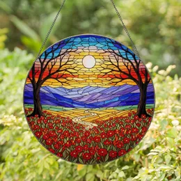 Luminous Full Moon Tiffany Stained Glass Bare Trees Wildflower Mountain Landscape Stained Glass Suncatcher