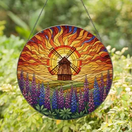 Rustic Windmill Sunset Stained Glass Art - Tiffany Style Lupine Flowers Amber Hills Scene Stained Glass Suncatcher