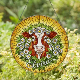 Cow Head Daisy Garland Elvira Name Stained Glass Tiffany Mosaic Art Amber Gold Stained Glass Suncatcher