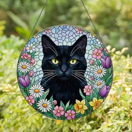 Black Cat Stained Glass Mosaic Spring Flowers Floral Green Foliage - Tiffany Style Art Stained Glass Suncatcher