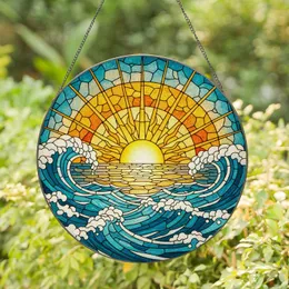 Golden Sun Ocean Waves Stained Glass Art - Fiery Sky Sunset & Turbulent Ocean Scene Stained Glass Suncatcher