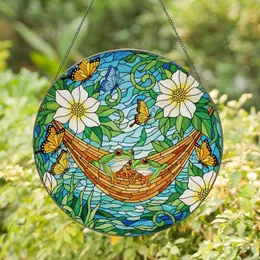 Green Tree Frogs Hammock Butterflies Stained Glass Blossoms - Tiffany Water Mosaic Wildlife Art Stained Glass Suncatcher