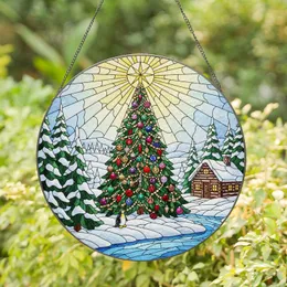 Christmas Tree Ornaments Penguin Snow Cabin Winter Landscape Sun Rays - Festive Holiday Stained Glass Suncatcher